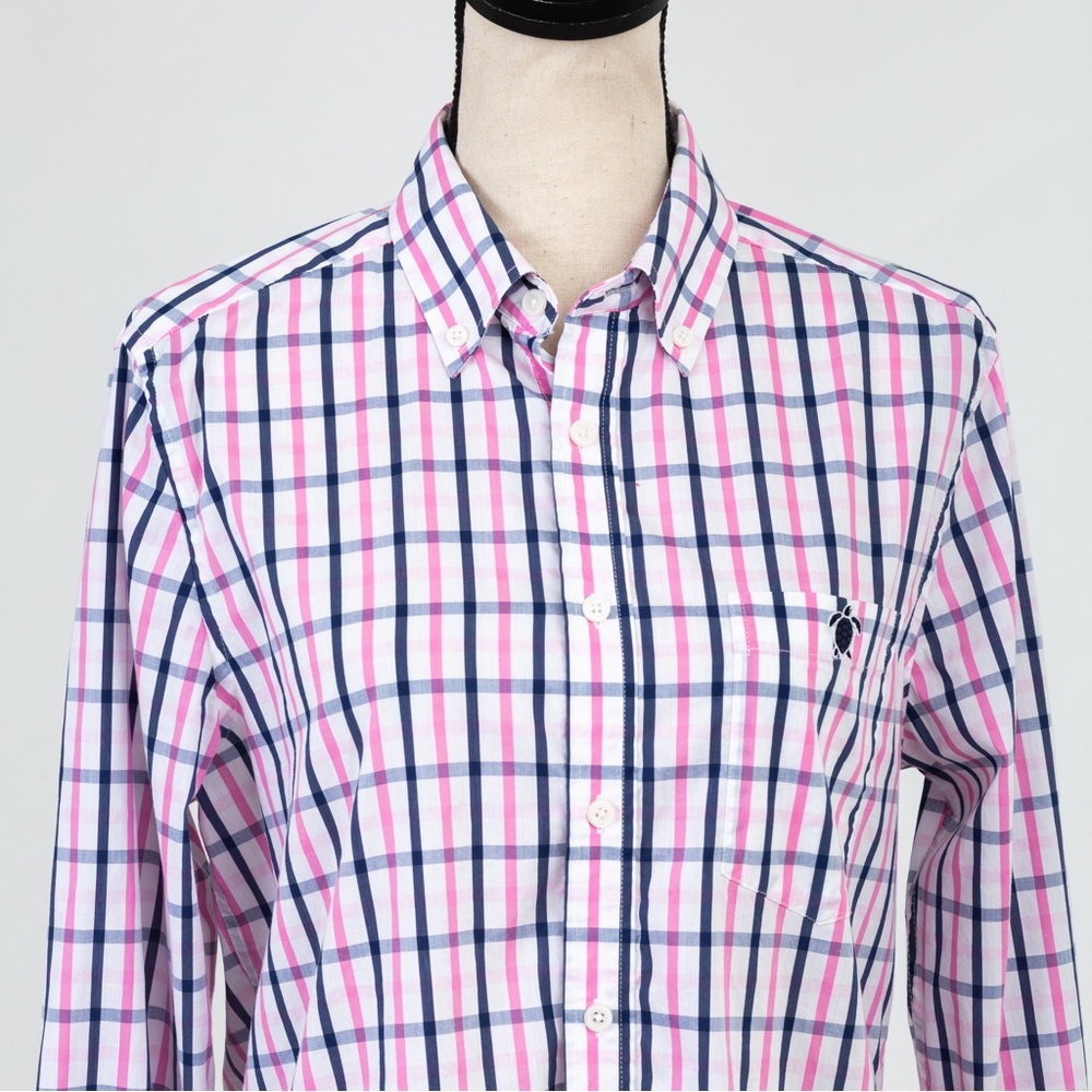 Simply Southern checked preppy classic pink, navy, & white button down unisex S